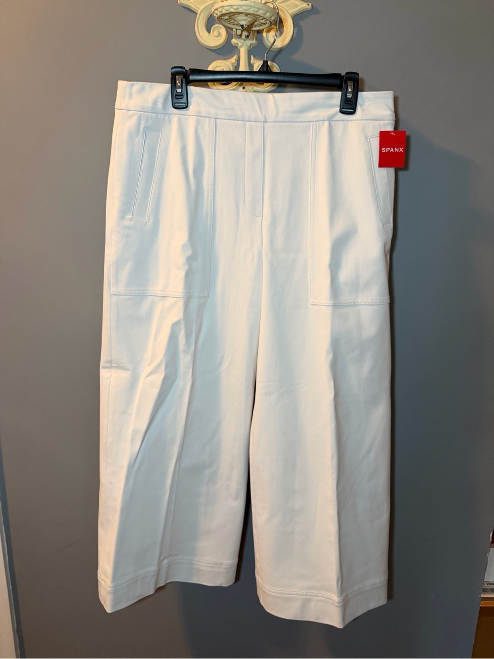 SPANX White Crop Ponte Pants with Red Logo Tag